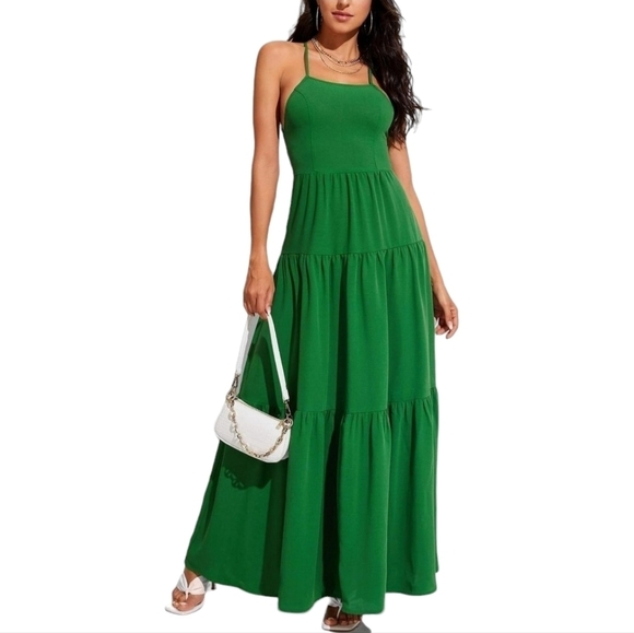 Boho Spaghetti Strappy Back Tiered Flowy Maxi Midi Cami Babydoll Dress Green - Picture 4 of 10